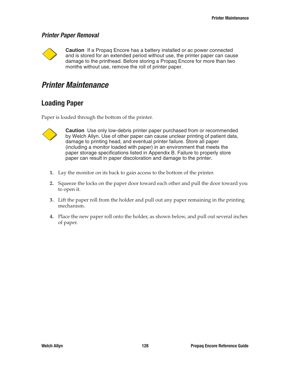 Printer paper removal, Printer maintenance, Loading paper | Welch Allyn 20хEL Propaq Encore Vital Signs Monitor - Reference Guide User Manual | Page 128 / 178