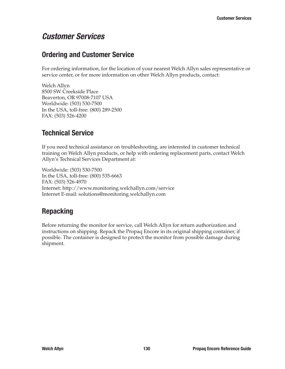 Customer services, Ordering and customer service, Technical service | Repacking | Welch Allyn 20хEL Propaq Encore Vital Signs Monitor - Reference Guide User Manual | Page 130 / 178
