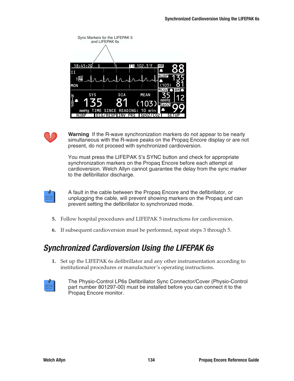 Synchronized cardioversion using the lifepak 6s | Welch Allyn 20хEL Propaq Encore Vital Signs Monitor - Reference Guide User Manual | Page 134 / 178