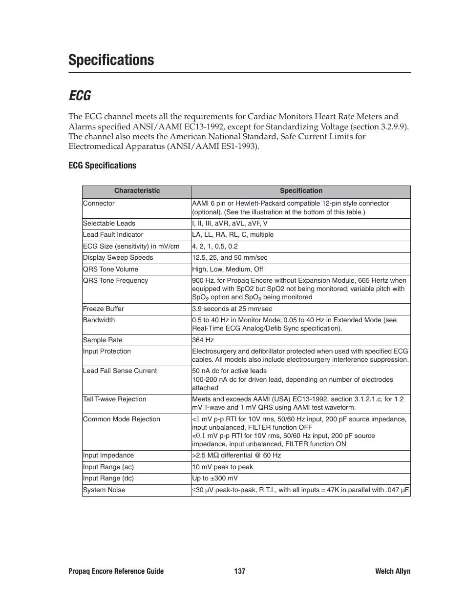 Specifications | Welch Allyn 20хEL Propaq Encore Vital Signs Monitor - Reference Guide User Manual | Page 137 / 178