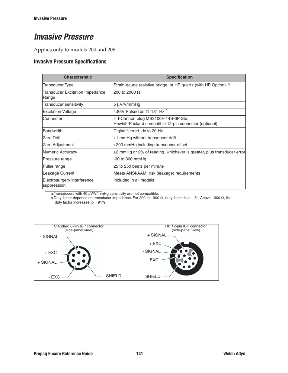 Invasive pressure, Invasive pressure specifications | Welch Allyn 20хEL Propaq Encore Vital Signs Monitor - Reference Guide User Manual | Page 141 / 178