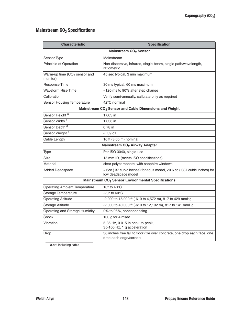 Mainstream co, Specifications | Welch Allyn 20хEL Propaq Encore Vital Signs Monitor - Reference Guide User Manual | Page 148 / 178