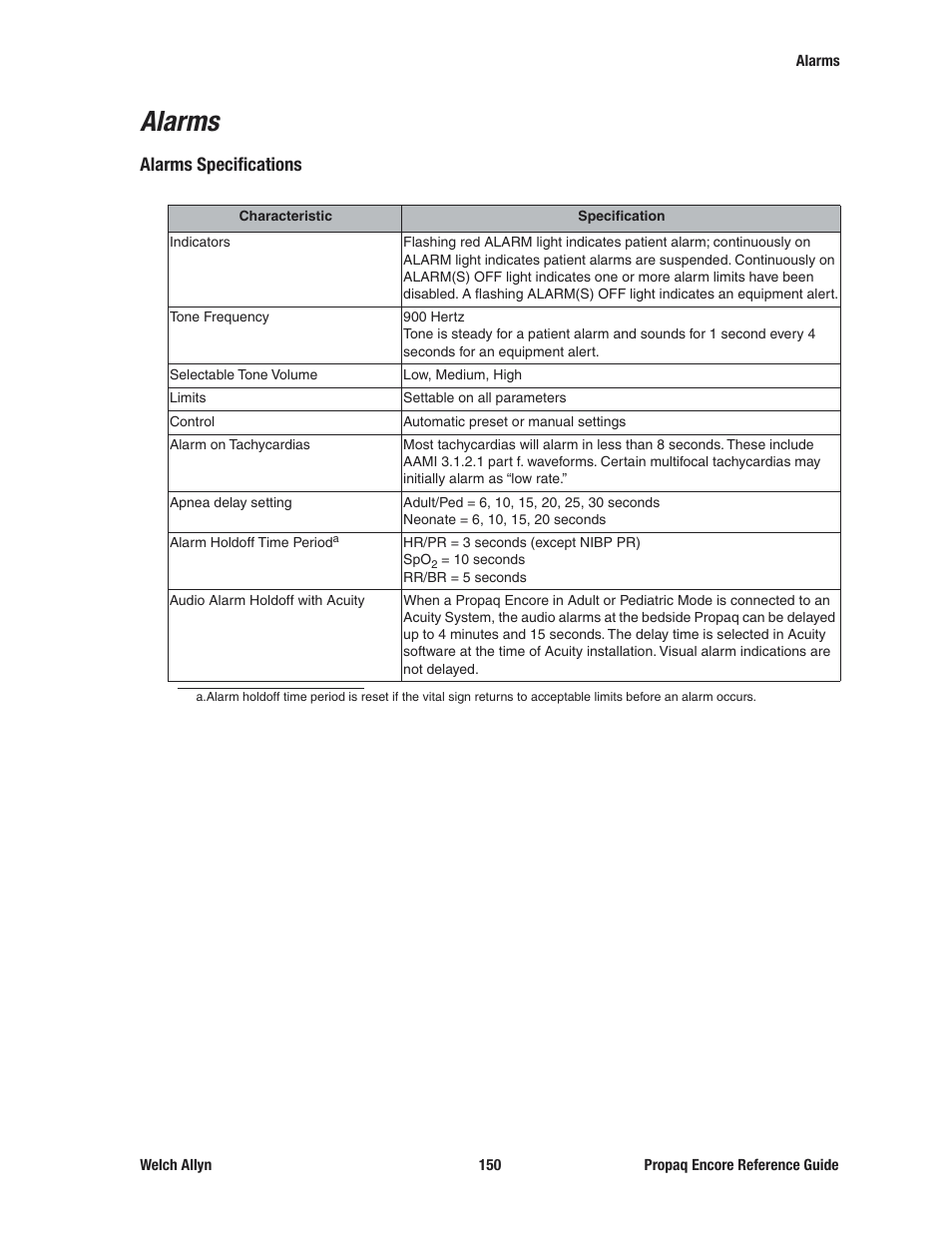 Alarms, Alarms specifications | Welch Allyn 20хEL Propaq Encore Vital Signs Monitor - Reference Guide User Manual | Page 150 / 178