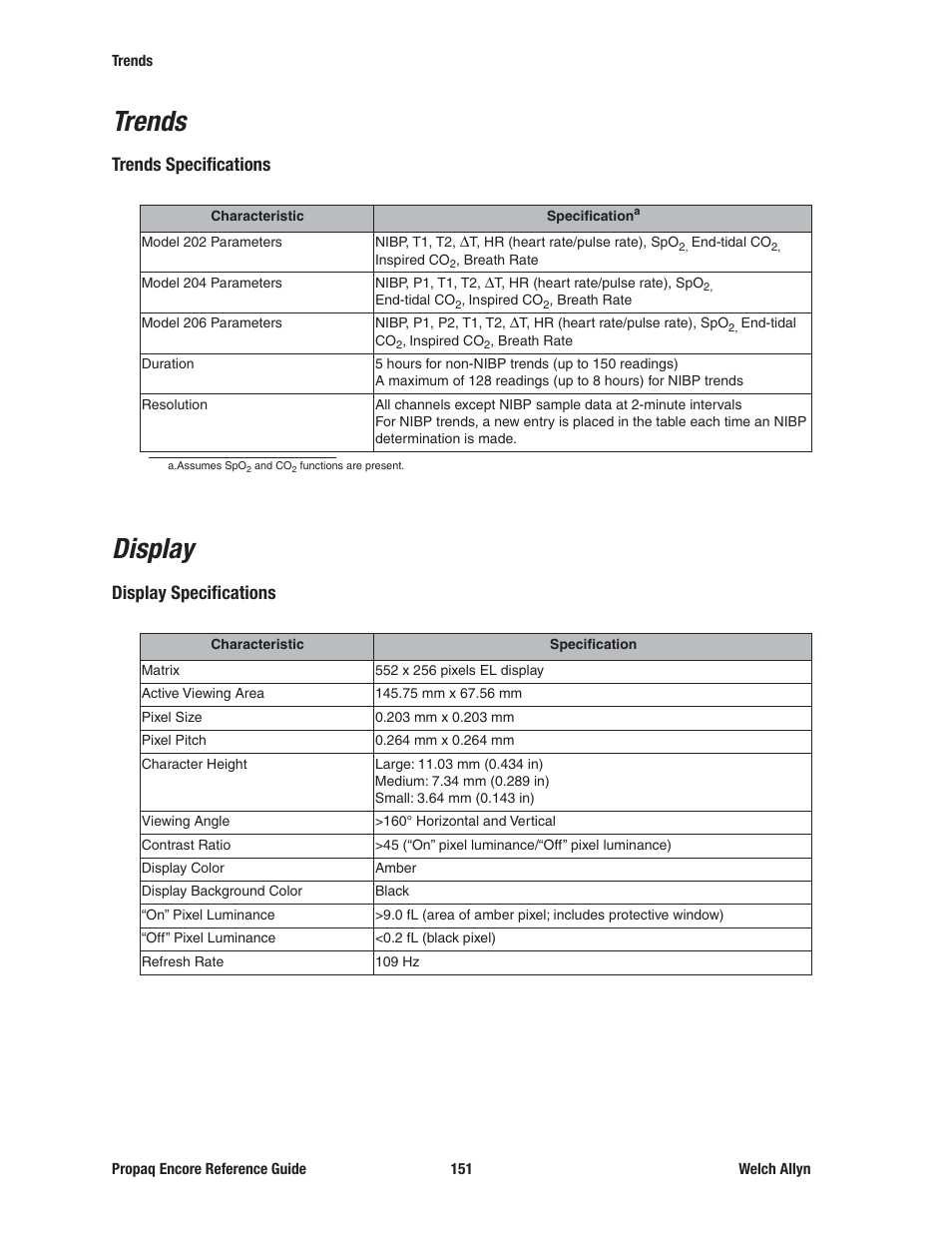 Trends, Display, Trends display | Trends specifications, Display specifications | Welch Allyn 20хEL Propaq Encore Vital Signs Monitor - Reference Guide User Manual | Page 151 / 178