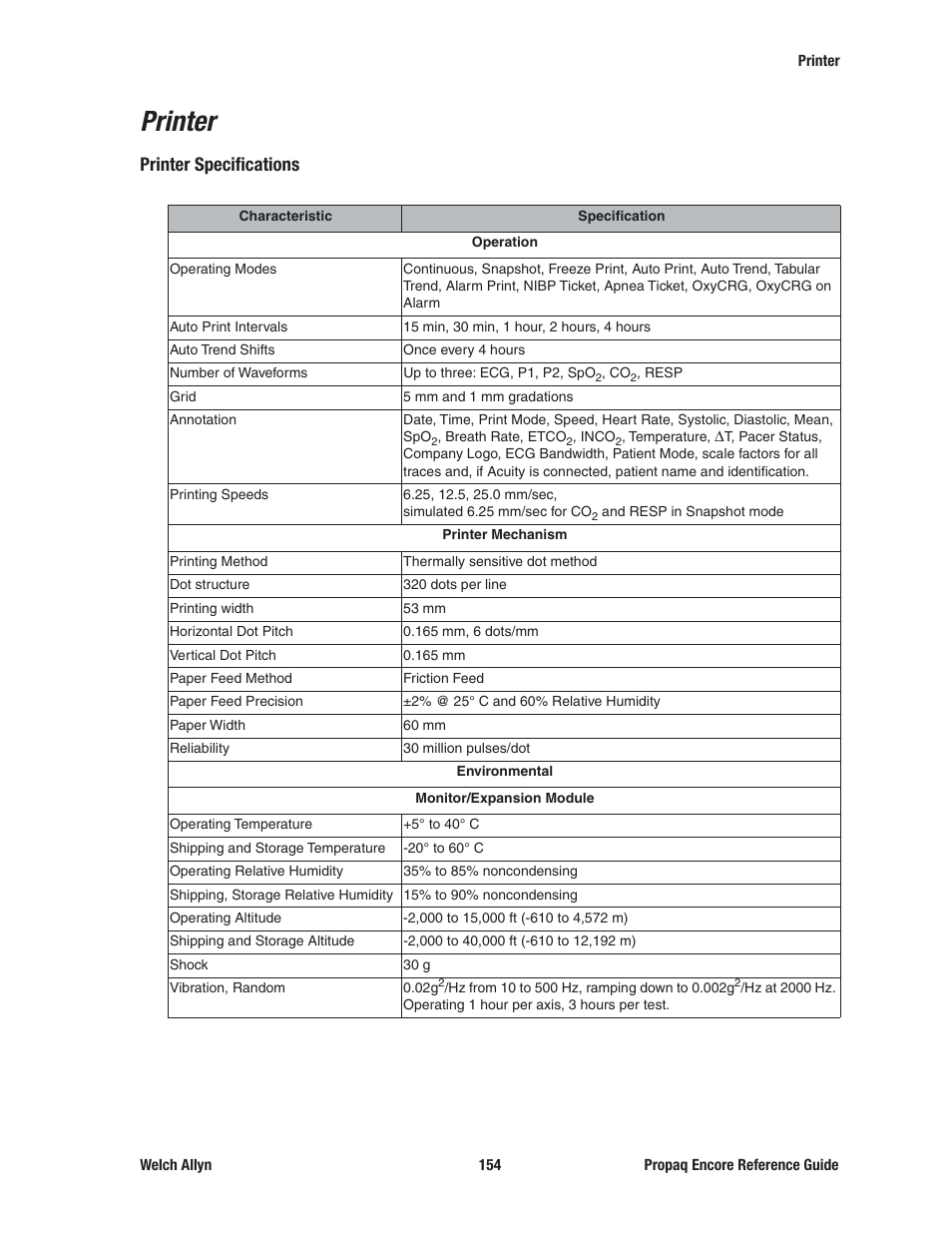 Printer, Printer specifications | Welch Allyn 20хEL Propaq Encore Vital Signs Monitor - Reference Guide User Manual | Page 154 / 178