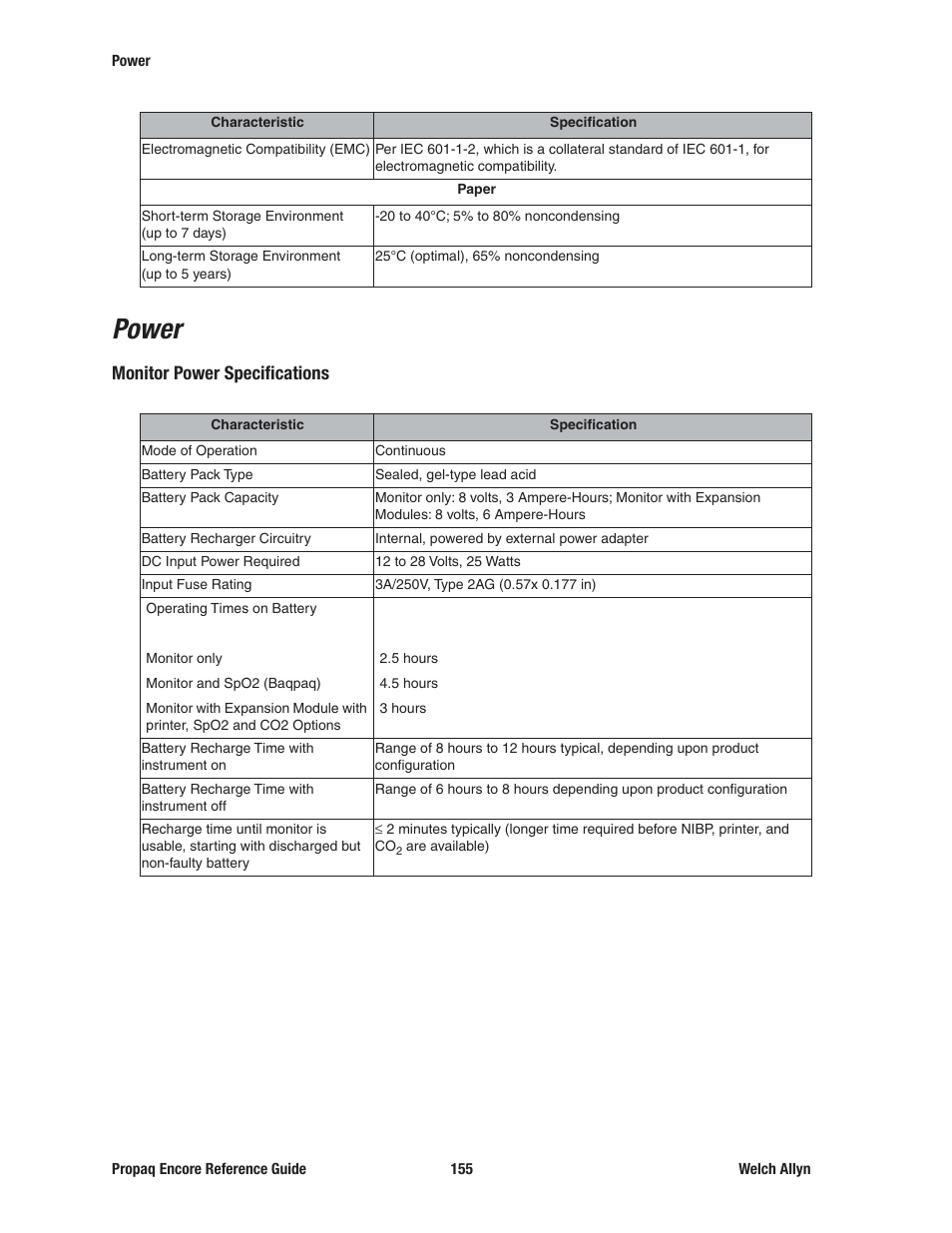 Power, Monitor power specifications | Welch Allyn 20хEL Propaq Encore Vital Signs Monitor - Reference Guide User Manual | Page 155 / 178