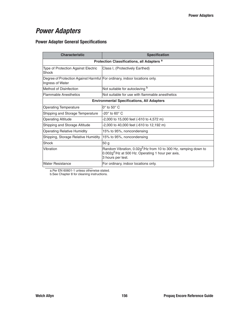 Power adapters, Power adapter general specifications | Welch Allyn 20хEL Propaq Encore Vital Signs Monitor - Reference Guide User Manual | Page 156 / 178
