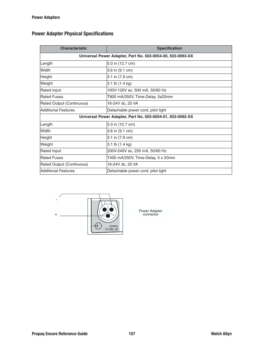 Power adapter physical specifications | Welch Allyn 20хEL Propaq Encore Vital Signs Monitor - Reference Guide User Manual | Page 157 / 178