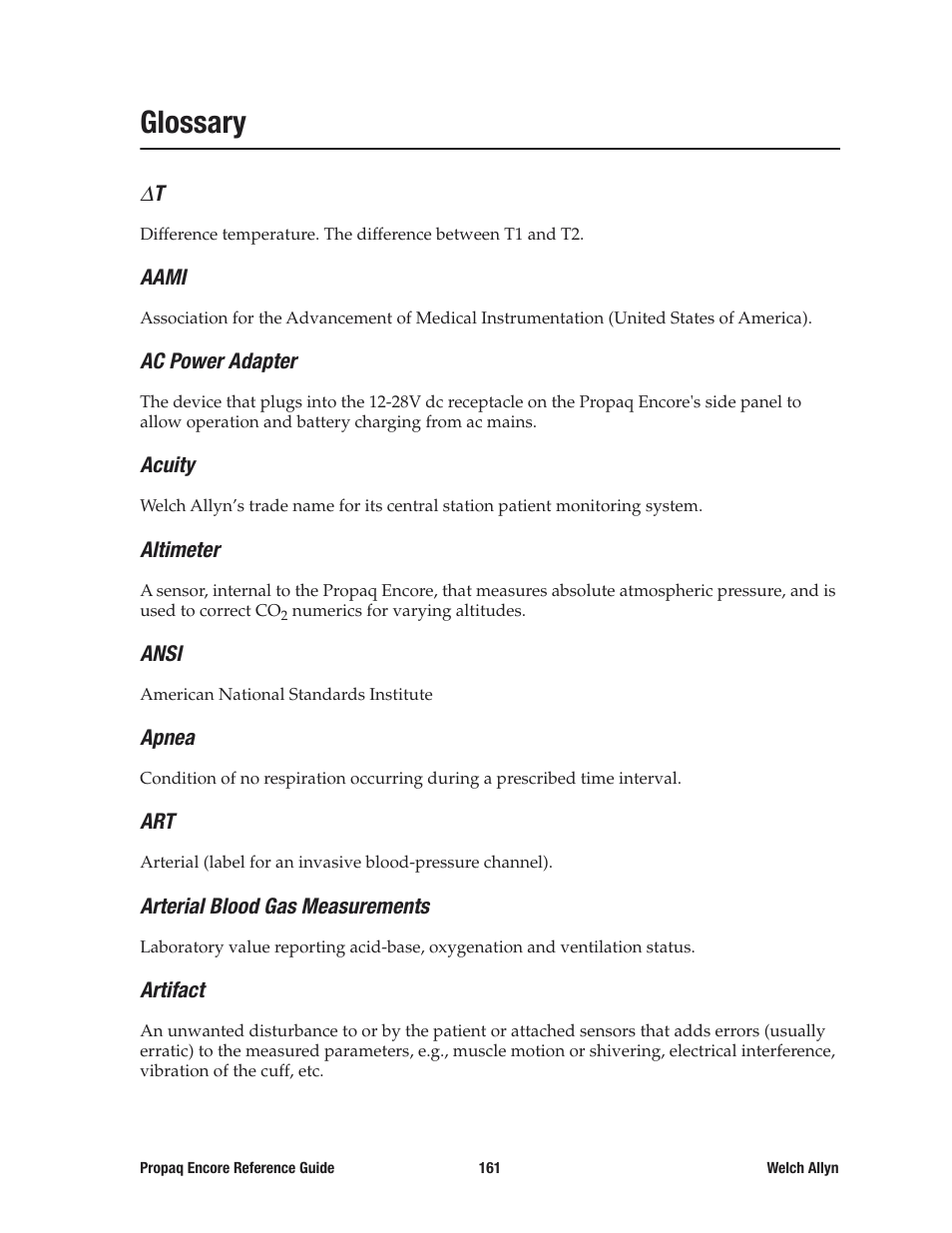Glossary | Welch Allyn 20хEL Propaq Encore Vital Signs Monitor - Reference Guide User Manual | Page 161 / 178