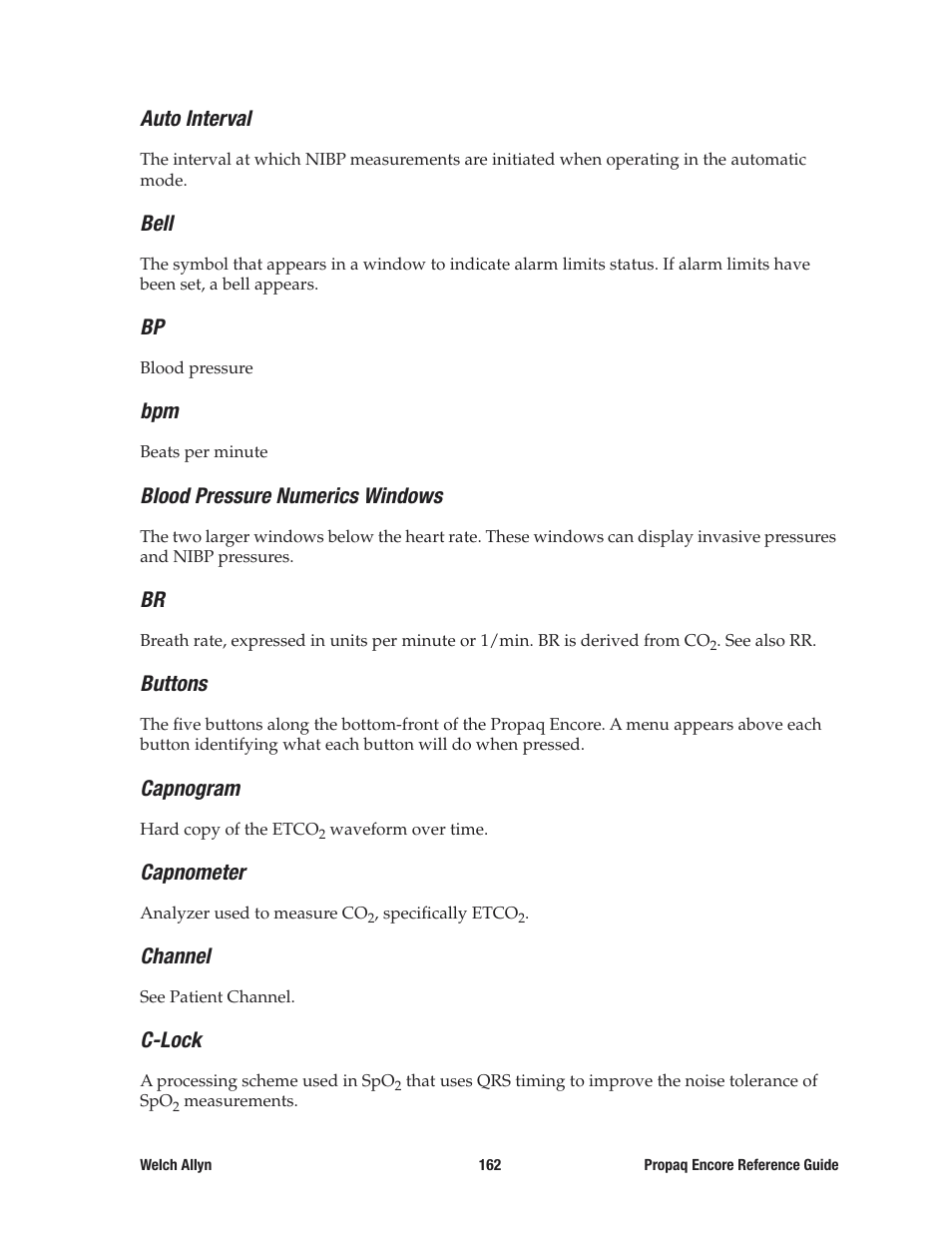 Auto interval, Bell, Blood pressure numerics windows | Buttons, Capnogram, Capnometer, Channel, C-lock | Welch Allyn 20хEL Propaq Encore Vital Signs Monitor - Reference Guide User Manual | Page 162 / 178