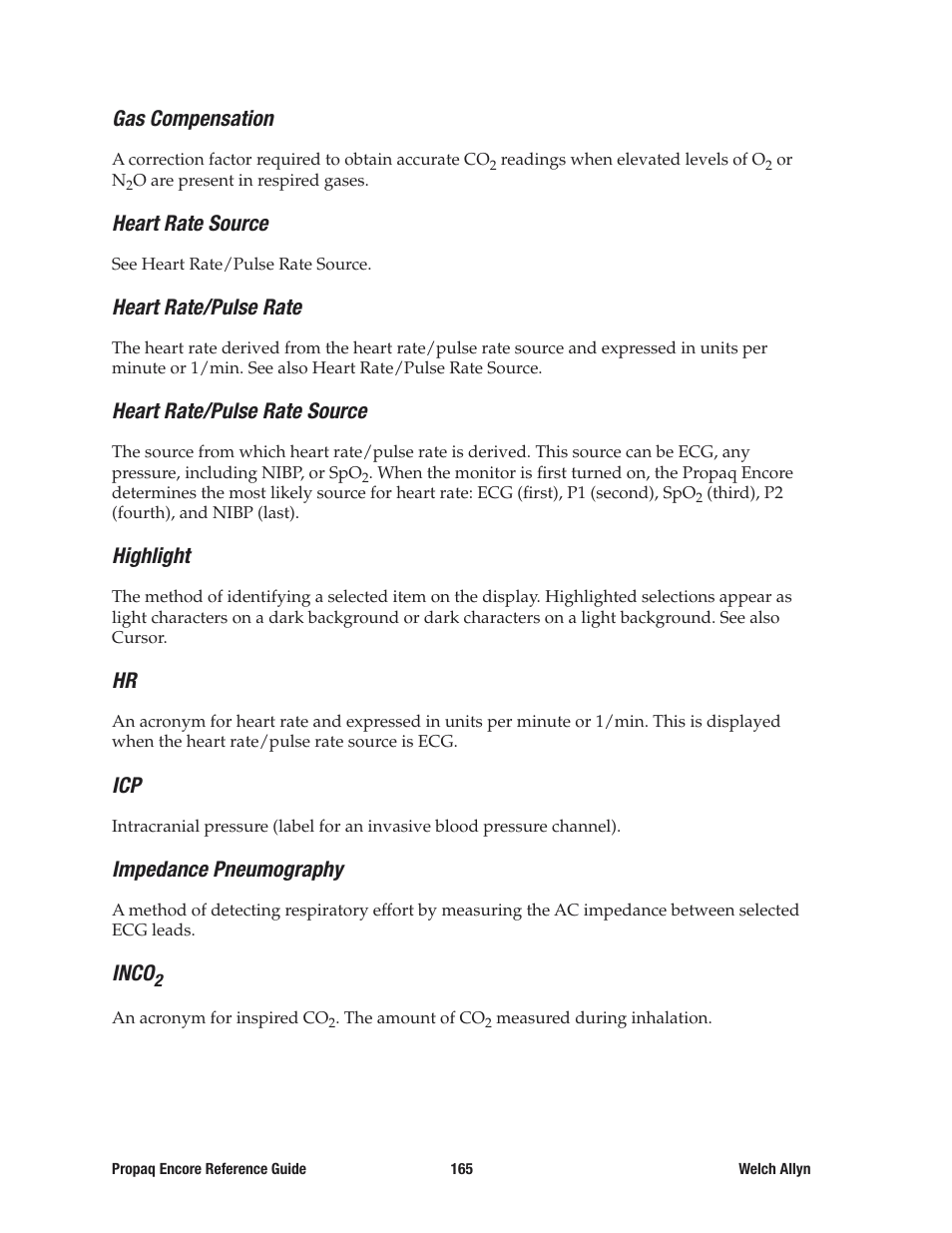 Gas compensation, Heart rate source, Heart rate/pulse rate | Heart rate/pulse rate source, Highlight, Impedance pneumography, Inco | Welch Allyn 20хEL Propaq Encore Vital Signs Monitor - Reference Guide User Manual | Page 165 / 178