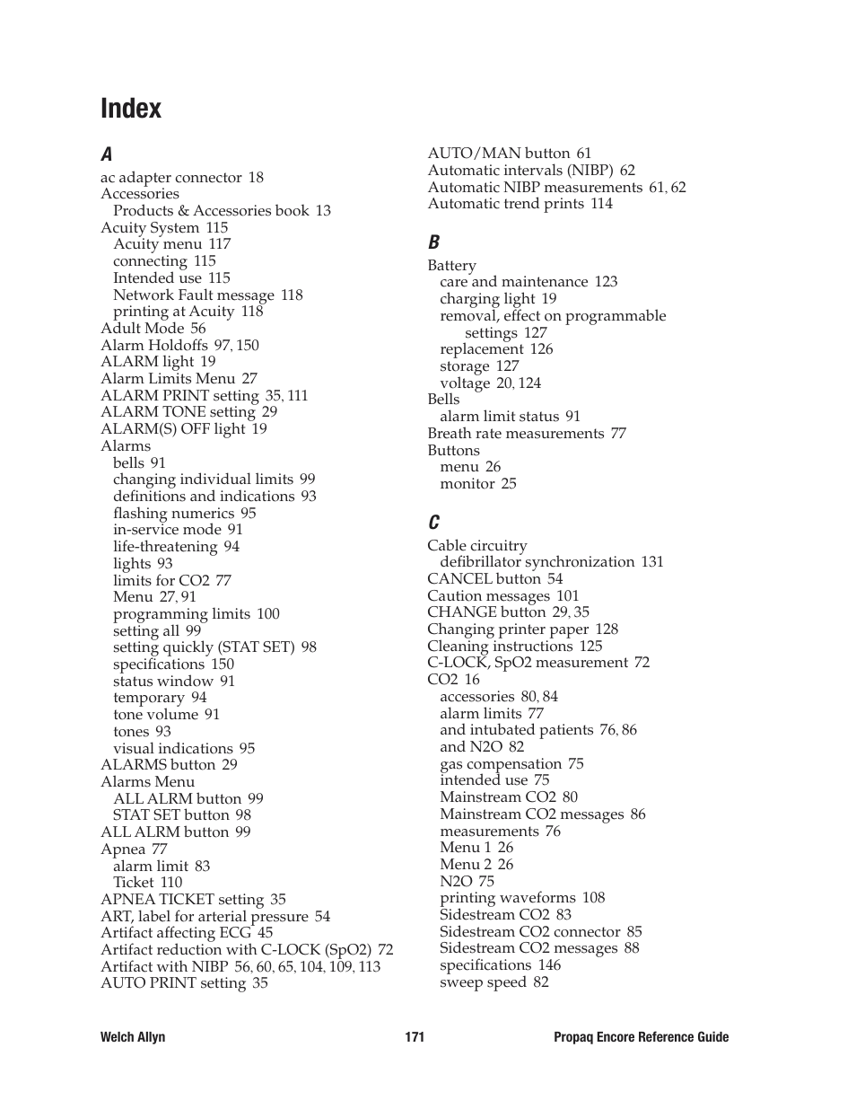 Index | Welch Allyn 20хEL Propaq Encore Vital Signs Monitor - Reference Guide User Manual | Page 171 / 178