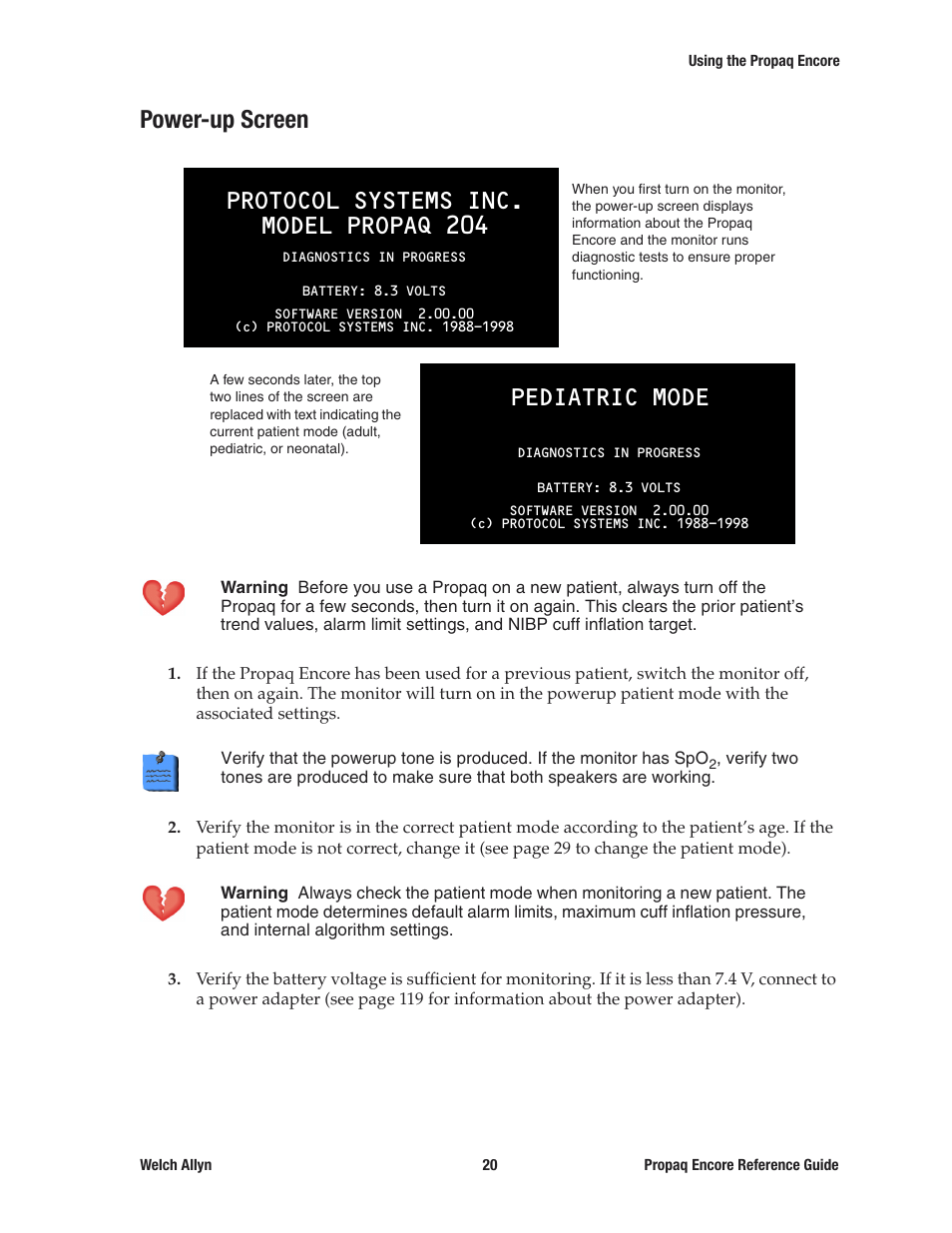 Power-up screen, Protocol systems inc. model propaq 204, Pediatric mode | Welch Allyn 20хEL Propaq Encore Vital Signs Monitor - Reference Guide User Manual | Page 20 / 178