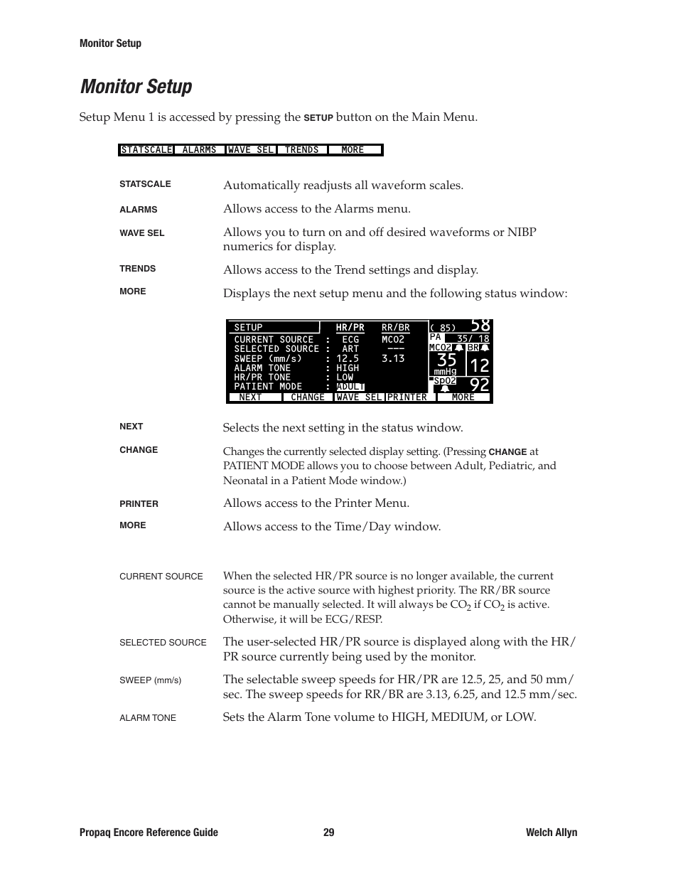 Monitor setup | Welch Allyn 20хEL Propaq Encore Vital Signs Monitor - Reference Guide User Manual | Page 29 / 178