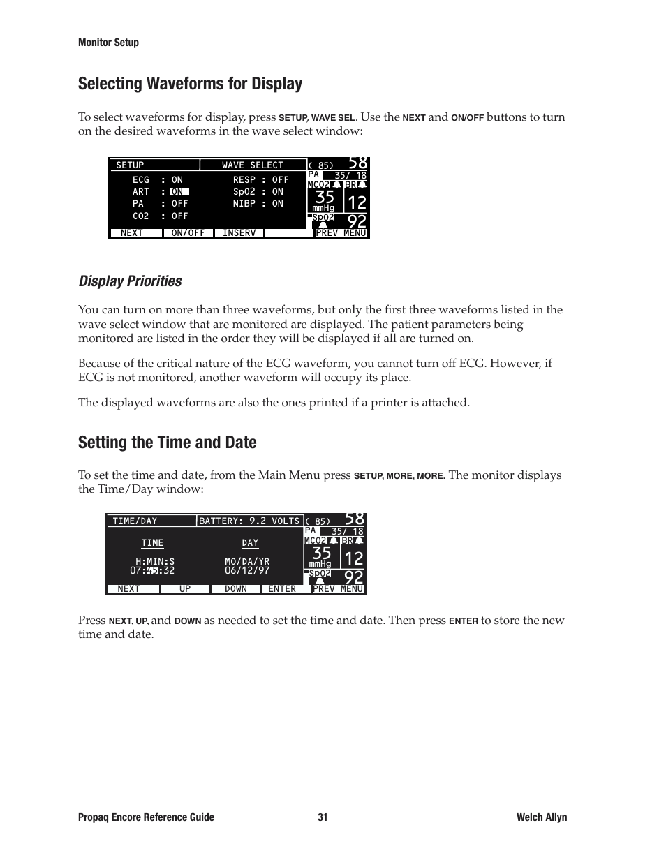 Selecting waveforms for display, Display priorities, Setting the time and date | Welch Allyn 20хEL Propaq Encore Vital Signs Monitor - Reference Guide User Manual | Page 31 / 178