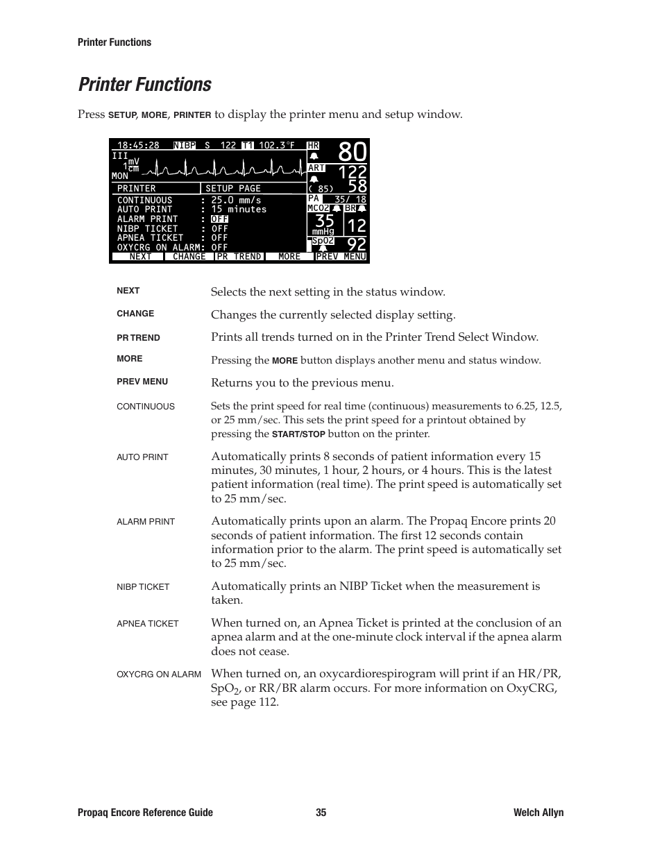 Printer functions | Welch Allyn 20хEL Propaq Encore Vital Signs Monitor - Reference Guide User Manual | Page 35 / 178
