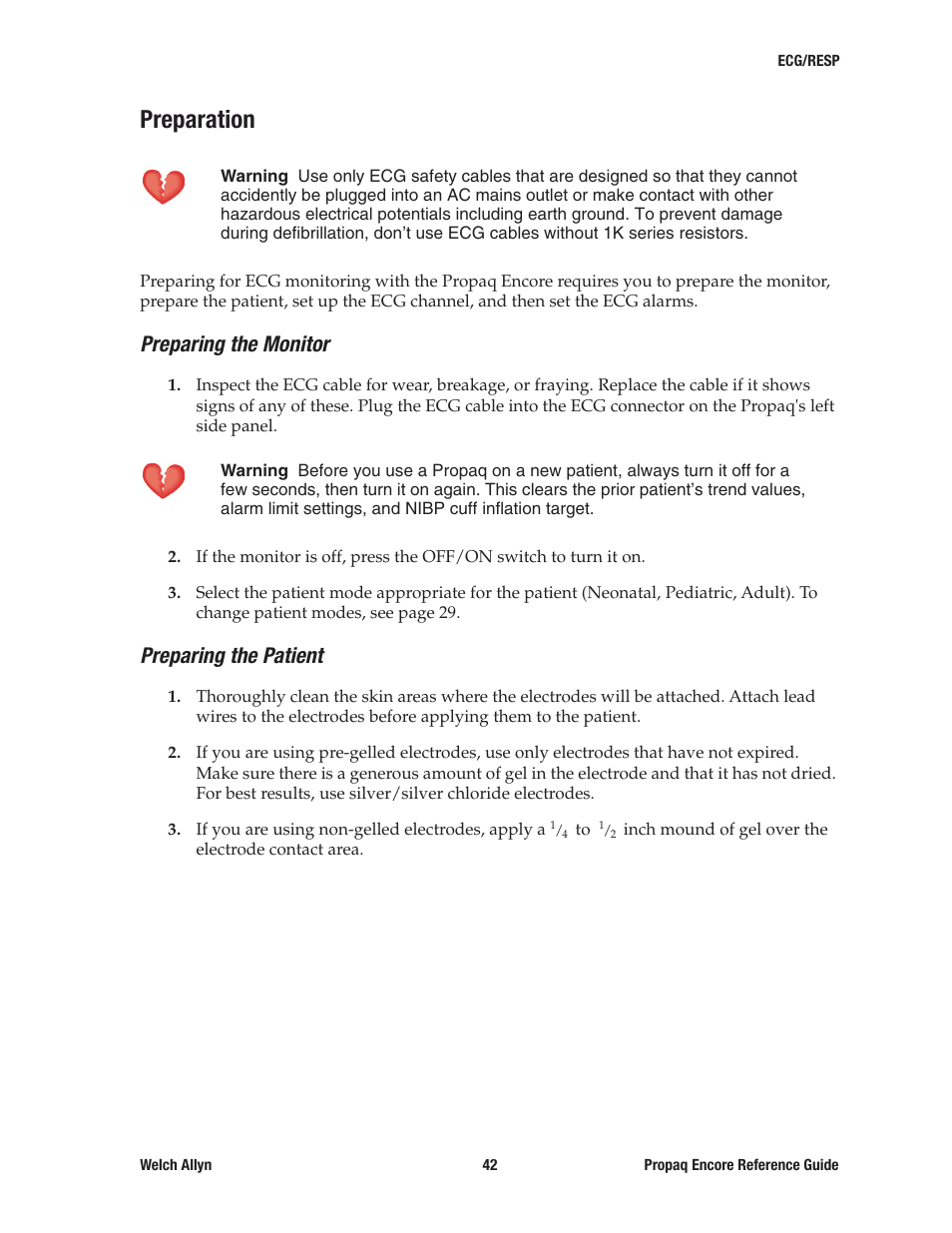 Preparation, Preparing the monitor, Preparing the patient | Welch Allyn 20хEL Propaq Encore Vital Signs Monitor - Reference Guide User Manual | Page 42 / 178