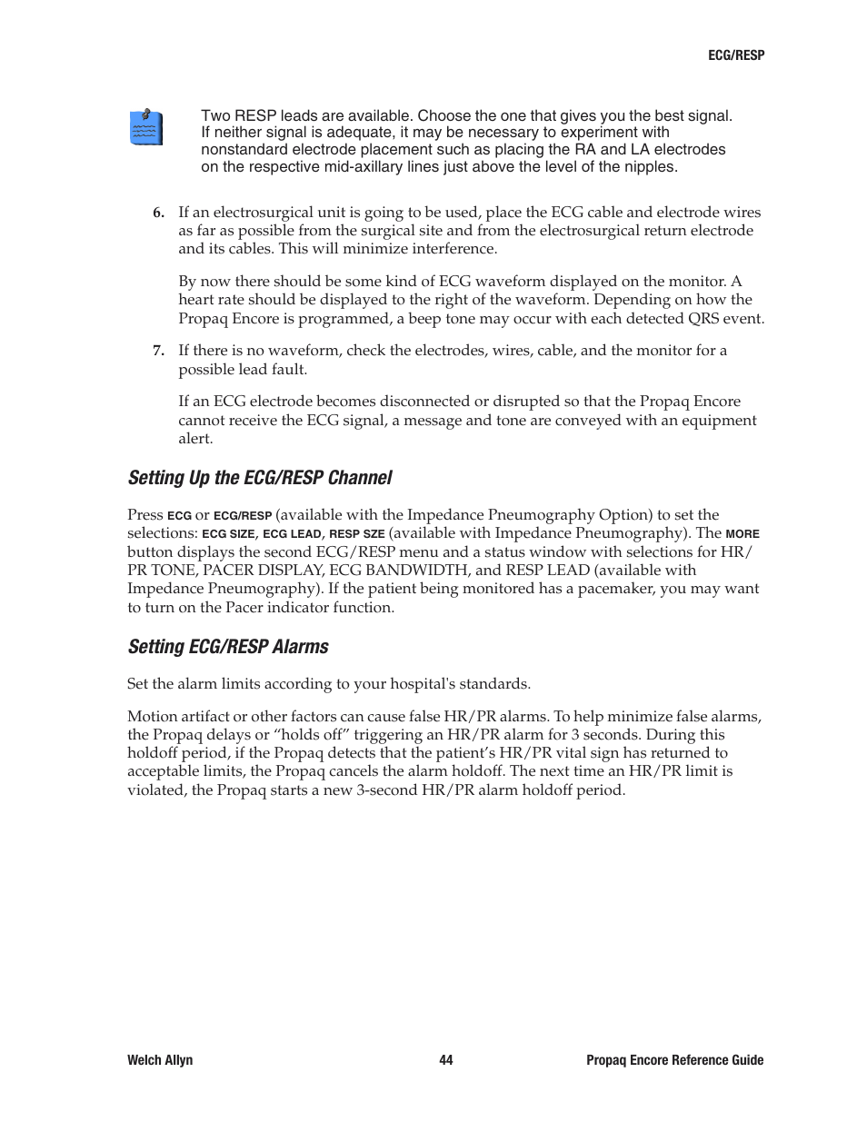 Setting up the ecg/resp channel, Setting ecg/resp alarms | Welch Allyn 20хEL Propaq Encore Vital Signs Monitor - Reference Guide User Manual | Page 44 / 178