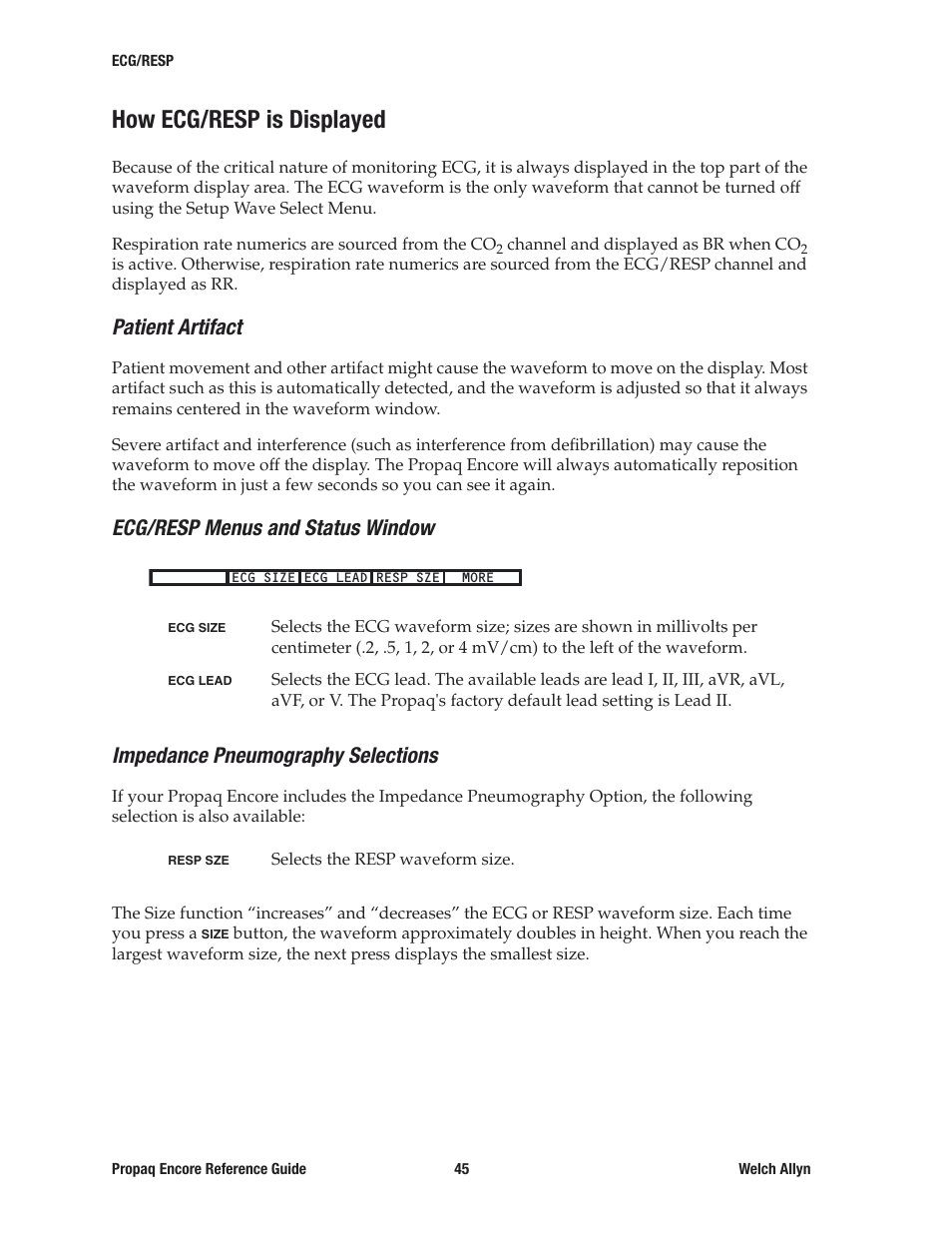 How ecg/resp is displayed, Patient artifact, Ecg/resp menus and status window | Impedance pneumography selections | Welch Allyn 20хEL Propaq Encore Vital Signs Monitor - Reference Guide User Manual | Page 45 / 178