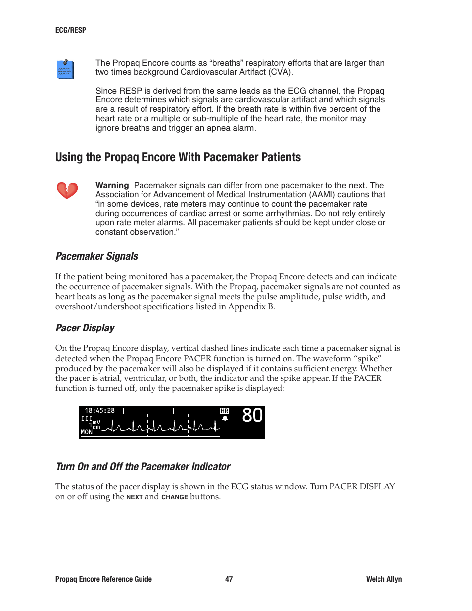 Using the propaq encore with pacemaker patients, Pacemaker signals, Pacer display | Turn on and off the pacemaker indicator | Welch Allyn 20хEL Propaq Encore Vital Signs Monitor - Reference Guide User Manual | Page 47 / 178