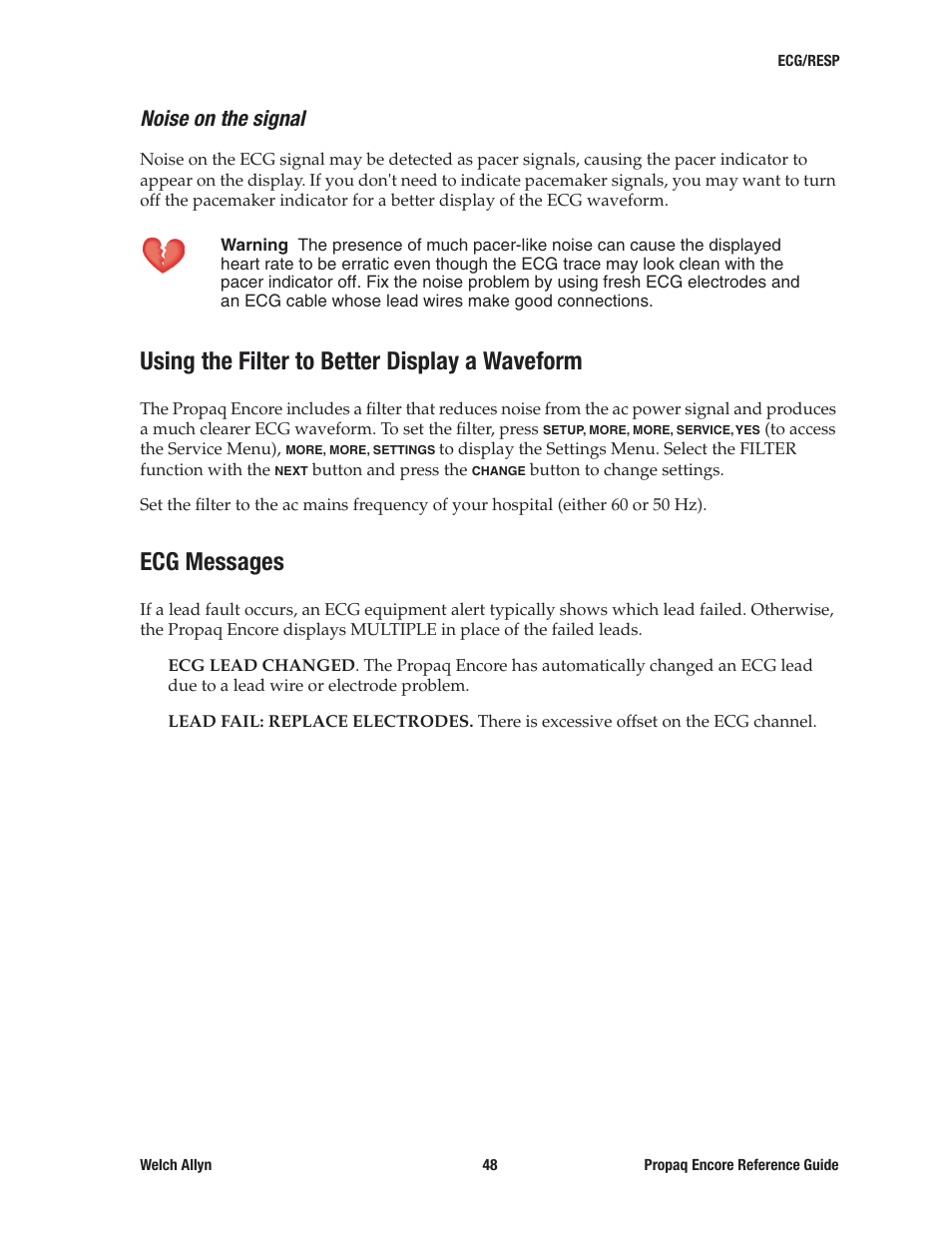 Noise on the signal, Using the filter to better display a waveform, Ecg messages | Welch Allyn 20хEL Propaq Encore Vital Signs Monitor - Reference Guide User Manual | Page 48 / 178
