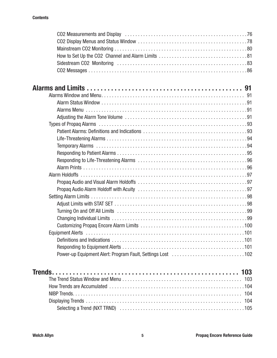 Alarms and limits, Trends | Welch Allyn 20хEL Propaq Encore Vital Signs Monitor - Reference Guide User Manual | Page 5 / 178