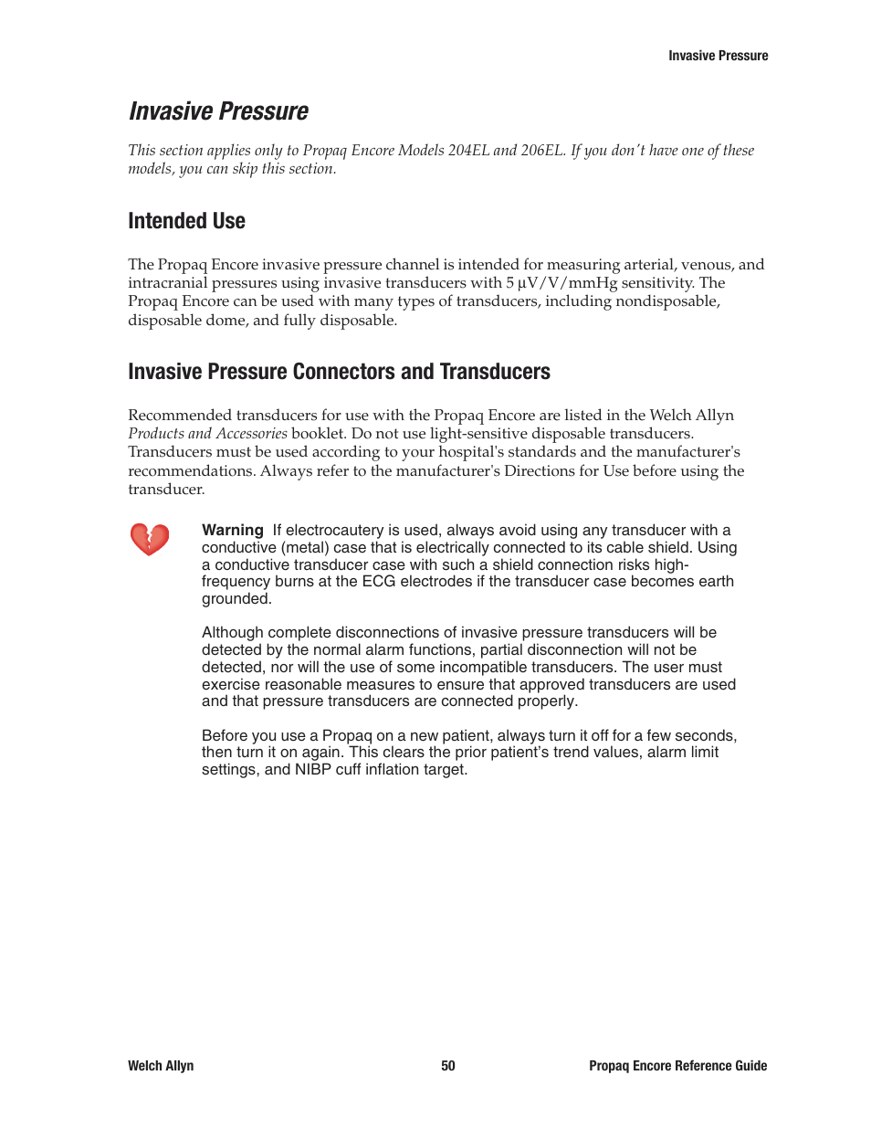 Invasive pressure, Intended use, Invasive pressure connectors and transducers | Welch Allyn 20хEL Propaq Encore Vital Signs Monitor - Reference Guide User Manual | Page 50 / 178