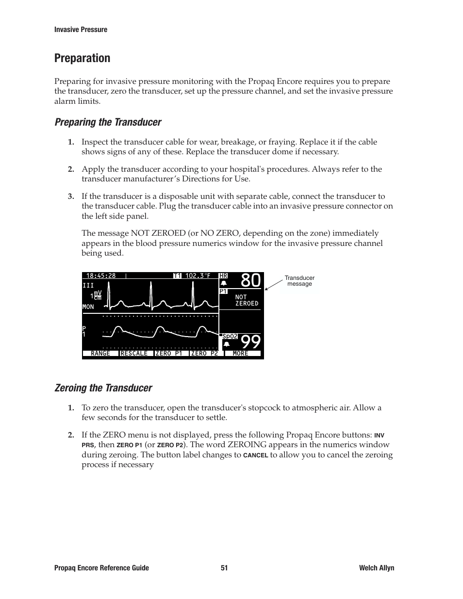 Preparation, Preparing the transducer, Zeroing the transducer | Welch Allyn 20хEL Propaq Encore Vital Signs Monitor - Reference Guide User Manual | Page 51 / 178