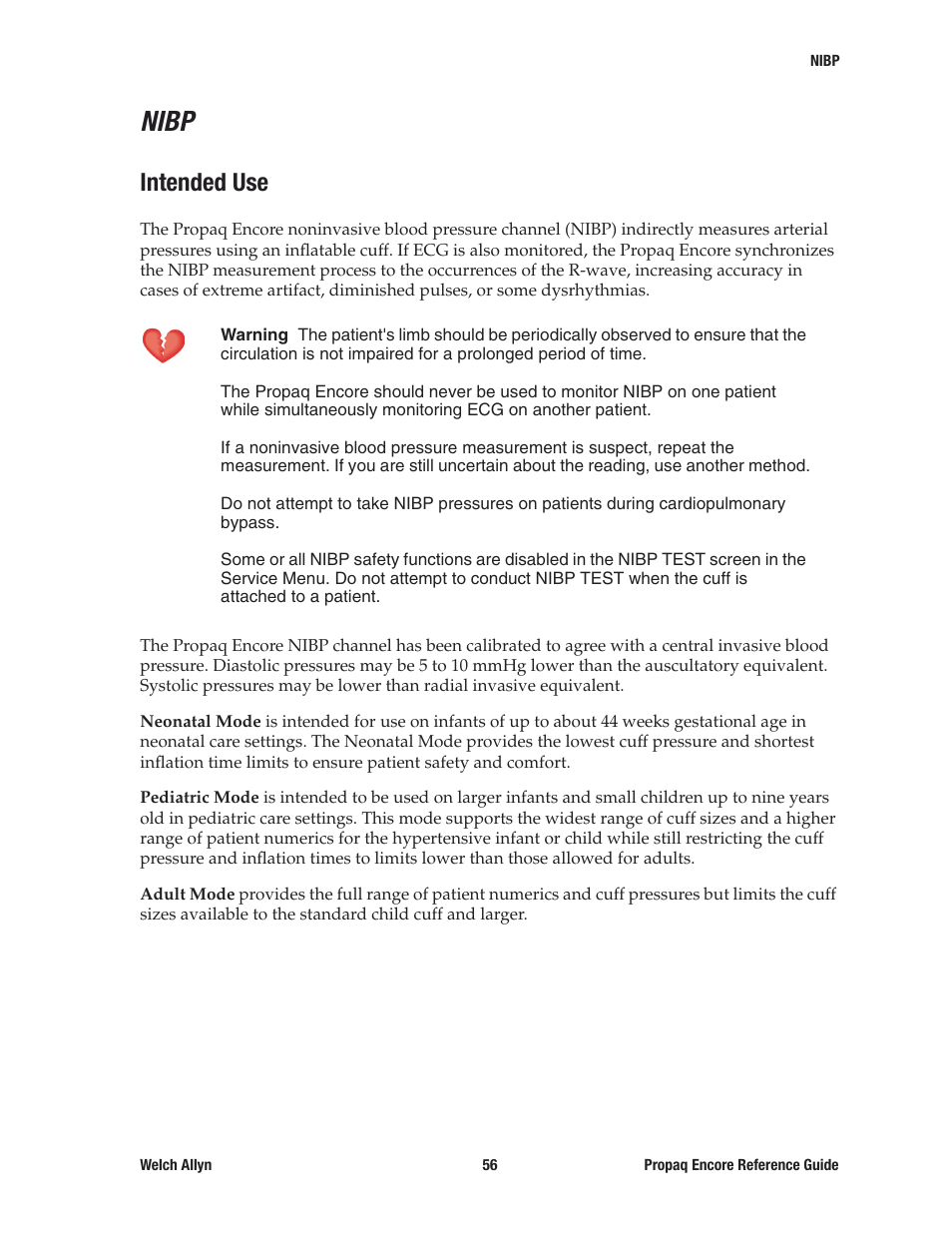 Nibp, Intended use | Welch Allyn 20хEL Propaq Encore Vital Signs Monitor - Reference Guide User Manual | Page 56 / 178