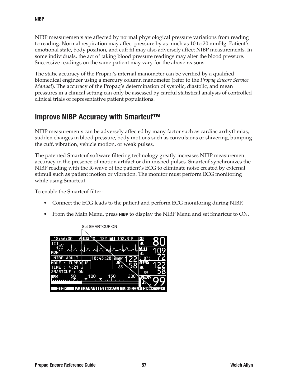 Improve nibp accuracy with smartcuf | Welch Allyn 20хEL Propaq Encore Vital Signs Monitor - Reference Guide User Manual | Page 57 / 178