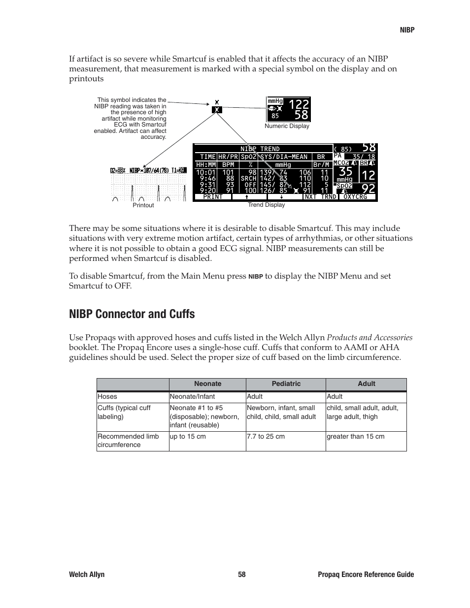 Nibp connector and cuffs | Welch Allyn 20хEL Propaq Encore Vital Signs Monitor - Reference Guide User Manual | Page 58 / 178