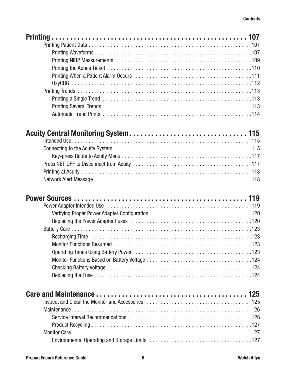Printing, Acuity central monitoring system, Power sources | Care and maintenance | Welch Allyn 20хEL Propaq Encore Vital Signs Monitor - Reference Guide User Manual | Page 6 / 178
