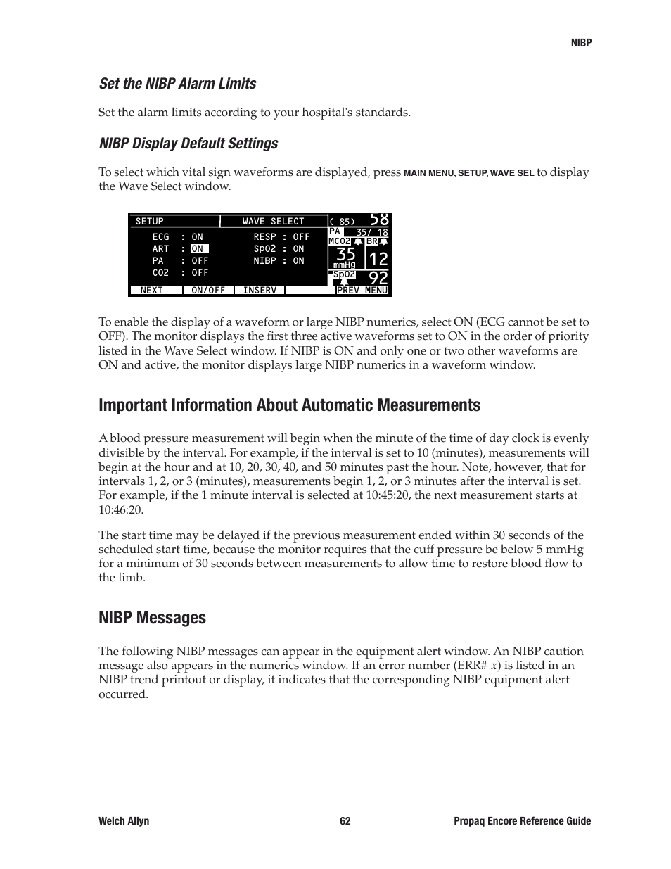 Set the nibp alarm limits, Nibp display default settings, Important information about automatic measurements | Nibp messages | Welch Allyn 20хEL Propaq Encore Vital Signs Monitor - Reference Guide User Manual | Page 62 / 178
