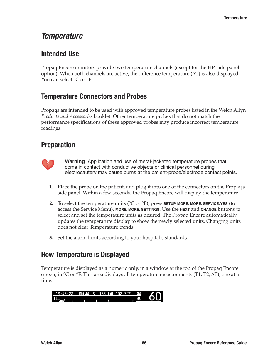 Temperature, Intended use, Temperature connectors and probes | Preparation, How temperature is displayed | Welch Allyn 20хEL Propaq Encore Vital Signs Monitor - Reference Guide User Manual | Page 66 / 178