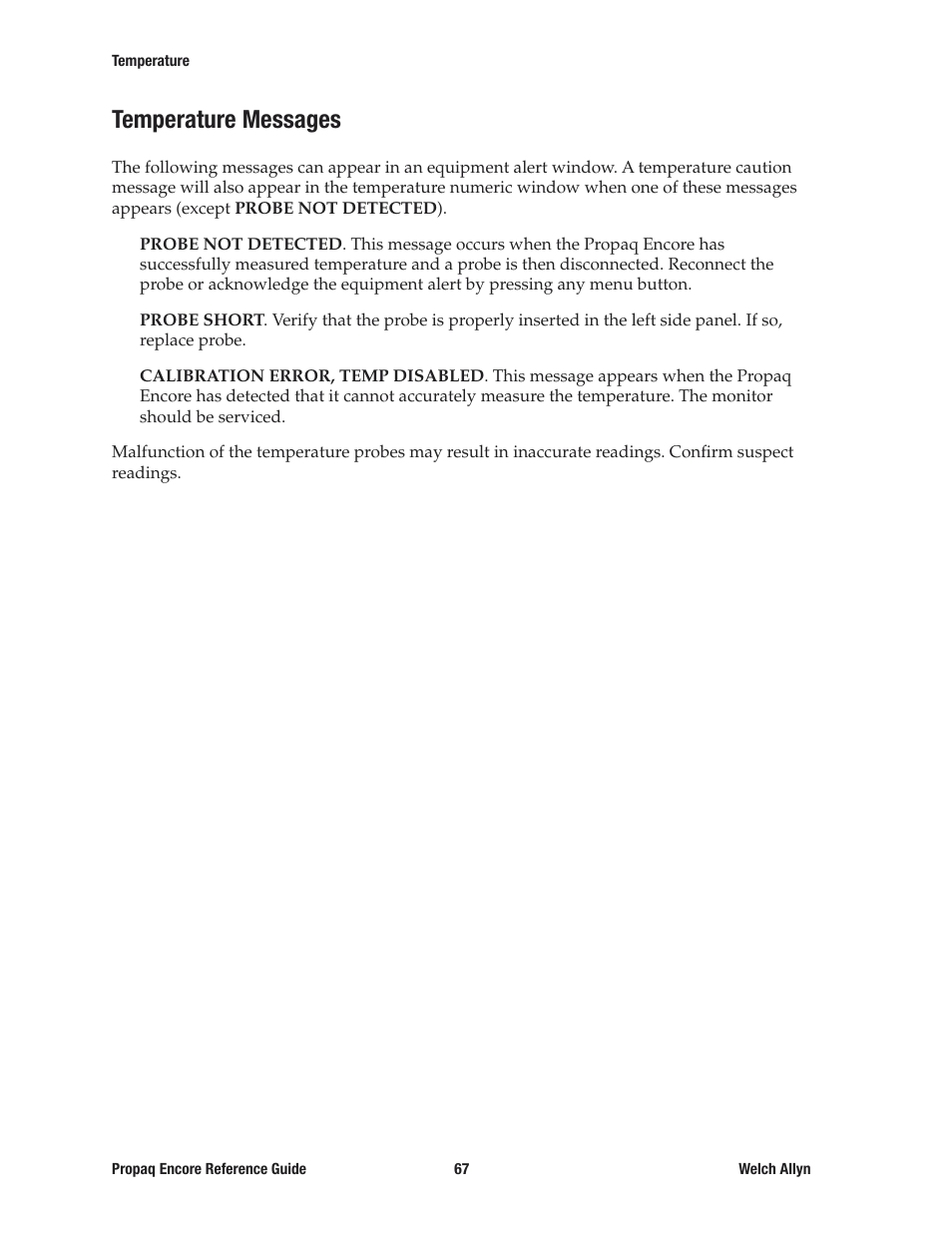 Temperature messages | Welch Allyn 20хEL Propaq Encore Vital Signs Monitor - Reference Guide User Manual | Page 67 / 178