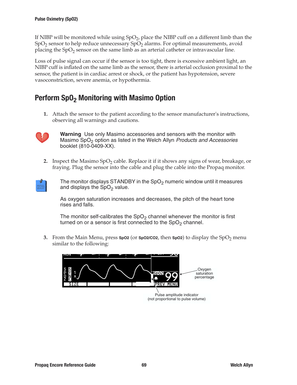 Perform spo2 monitoring with masimo option, Perform spo, Monitoring with masimo option | Welch Allyn 20хEL Propaq Encore Vital Signs Monitor - Reference Guide User Manual | Page 69 / 178
