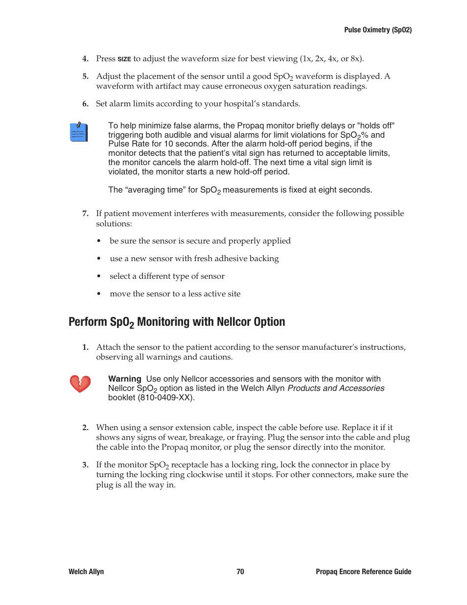 Perform spo2 monitoring with nellcor option, Perform spo, Monitoring with nellcor option | Welch Allyn 20хEL Propaq Encore Vital Signs Monitor - Reference Guide User Manual | Page 70 / 178