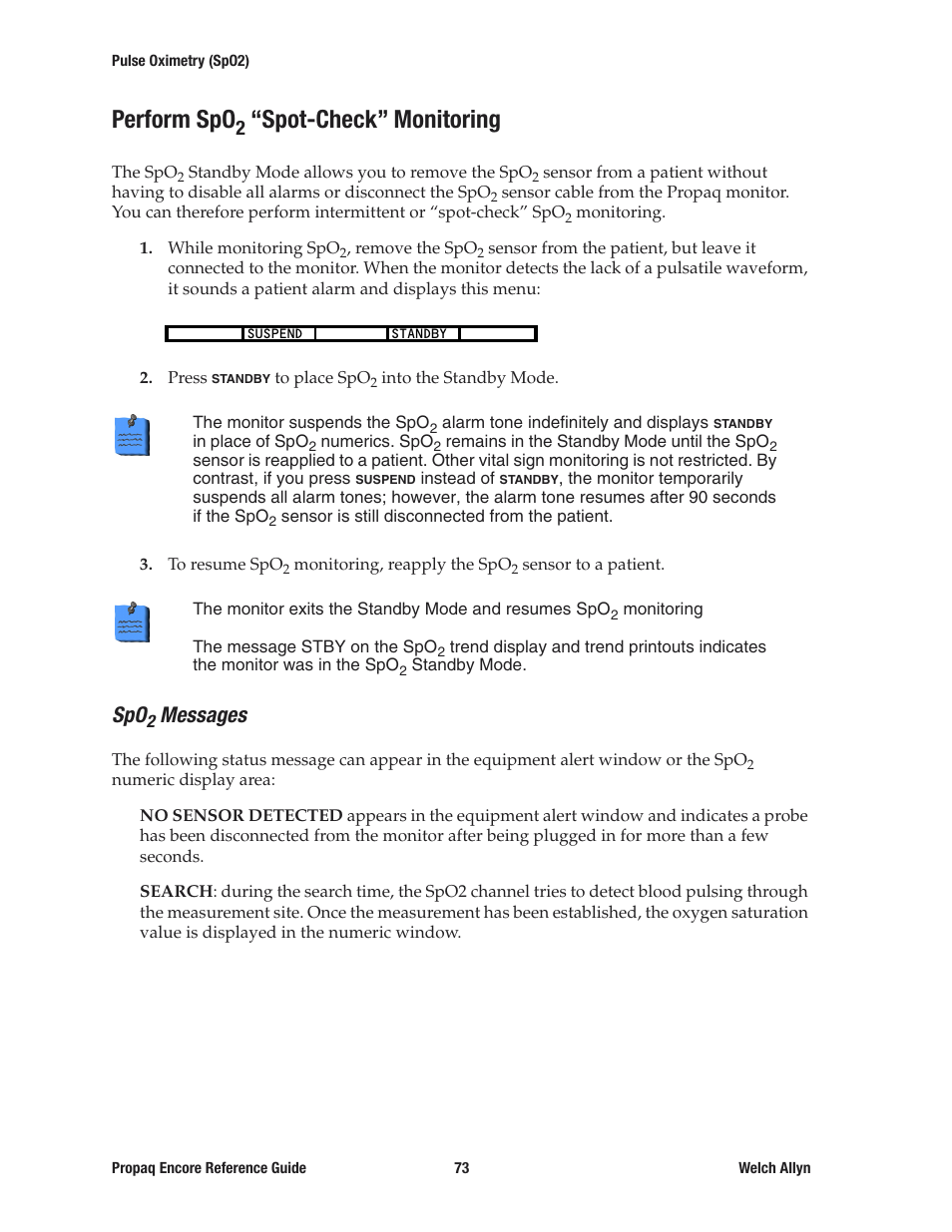 Perform spo2 “spot-check” monitoring, Spo2 messages, Perform spo2 | Perform spo, Spot-check” monitoring, Messages | Welch Allyn 20хEL Propaq Encore Vital Signs Monitor - Reference Guide User Manual | Page 73 / 178