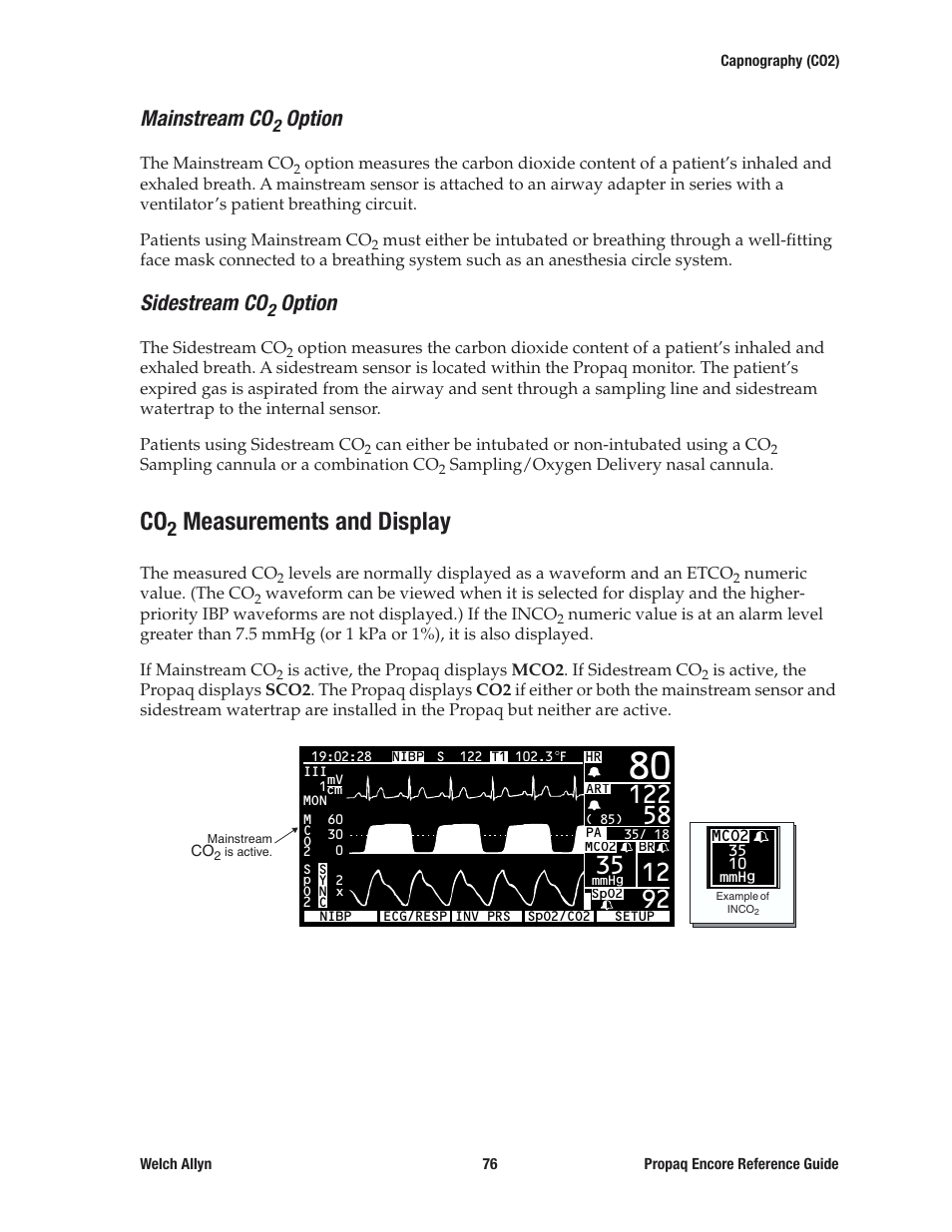 Mainstream co2 option, Sidestream co2 option, Co2 measurements and display | Measurements and display, Mainstream co, Option, Sidestream co | Welch Allyn 20хEL Propaq Encore Vital Signs Monitor - Reference Guide User Manual | Page 76 / 178