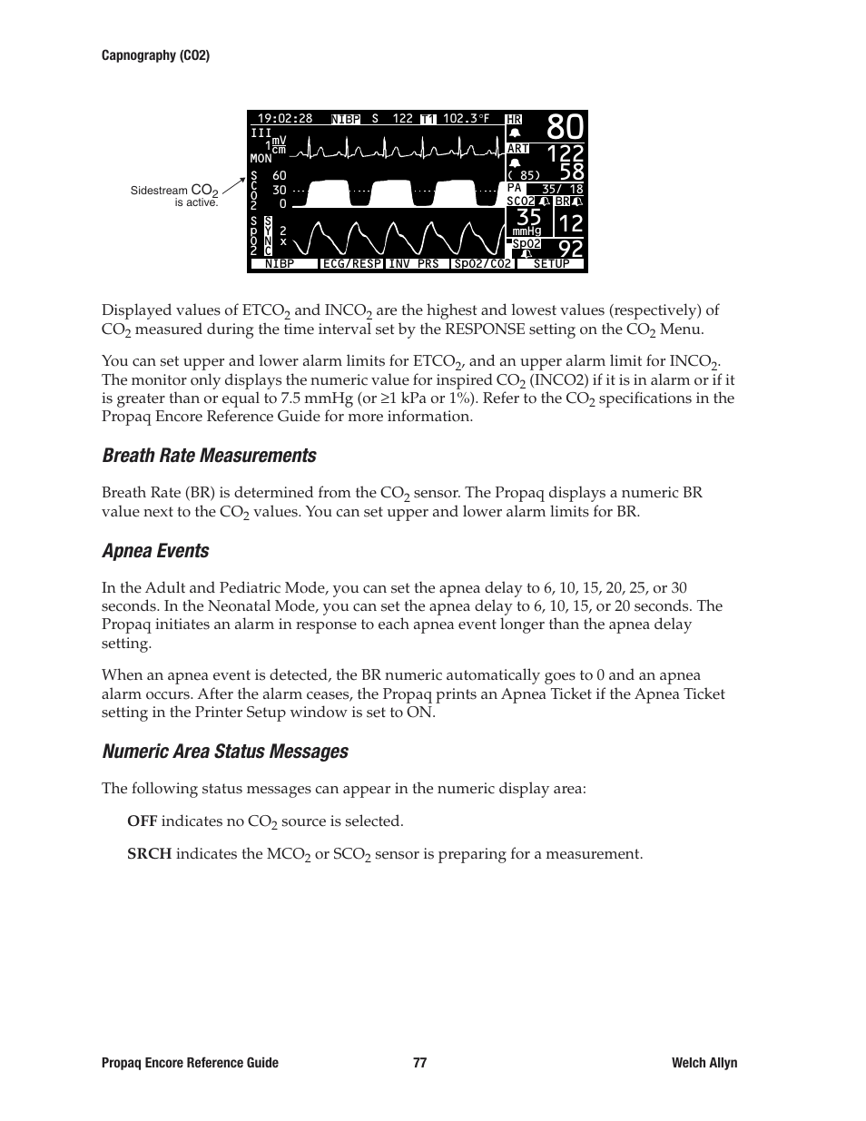 Breath rate measurements, Apnea events, Numeric area status messages | Welch Allyn 20хEL Propaq Encore Vital Signs Monitor - Reference Guide User Manual | Page 77 / 178