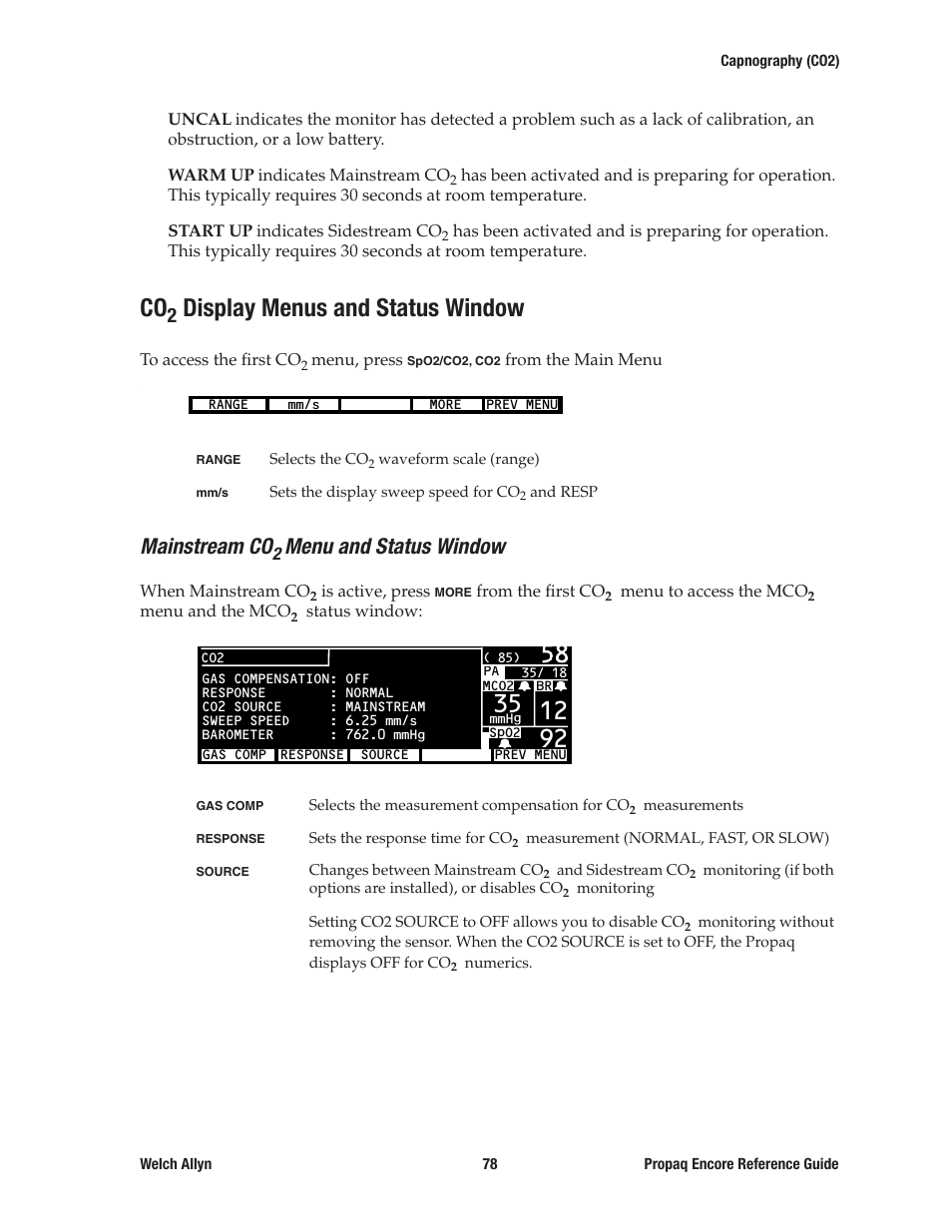 Co2 display menus and status window, Mainstream co2 menu and status window, Display menus and status window | Mainstream co, Menu and status window | Welch Allyn 20хEL Propaq Encore Vital Signs Monitor - Reference Guide User Manual | Page 78 / 178
