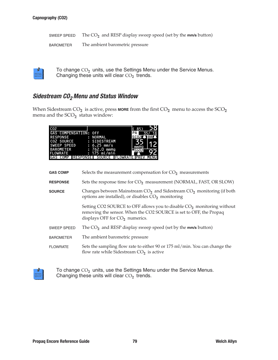 Sidestream co2 menu and status window, Sidestream co, Menu and status window | Welch Allyn 20хEL Propaq Encore Vital Signs Monitor - Reference Guide User Manual | Page 79 / 178