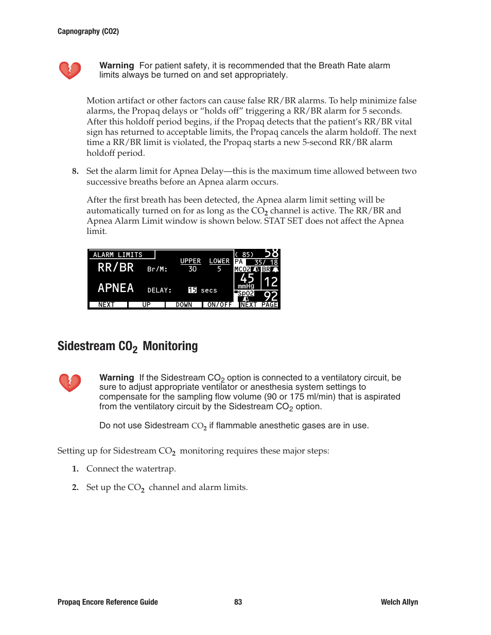 Sidestream co2 monitoring, Sidestream co, Monitoring | Rr/br apnea | Welch Allyn 20хEL Propaq Encore Vital Signs Monitor - Reference Guide User Manual | Page 83 / 178