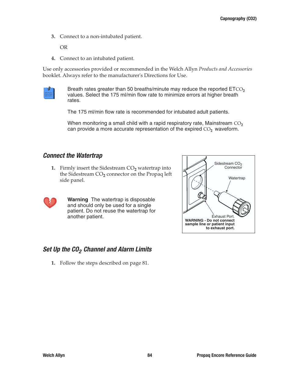 Connect the watertrap, Set up the co2 channel and alarm limits, Set up the co | Channel and alarm limits | Welch Allyn 20хEL Propaq Encore Vital Signs Monitor - Reference Guide User Manual | Page 84 / 178