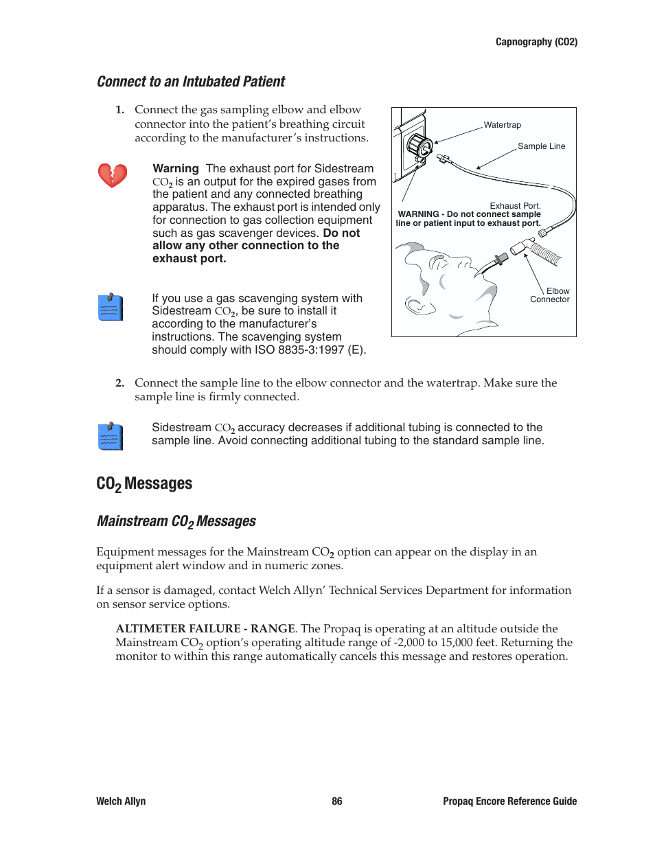 Connect to an intubated patient, Co2 messages, Mainstream co2 messages | Messages, Mainstream co | Welch Allyn 20хEL Propaq Encore Vital Signs Monitor - Reference Guide User Manual | Page 86 / 178