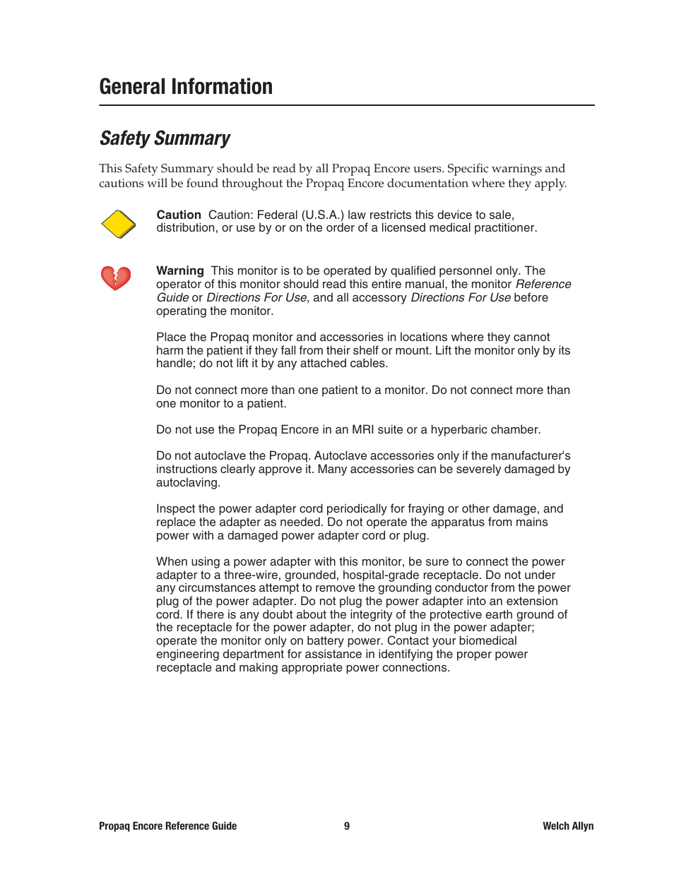 General information, Safety summary | Welch Allyn 20хEL Propaq Encore Vital Signs Monitor - Reference Guide User Manual | Page 9 / 178