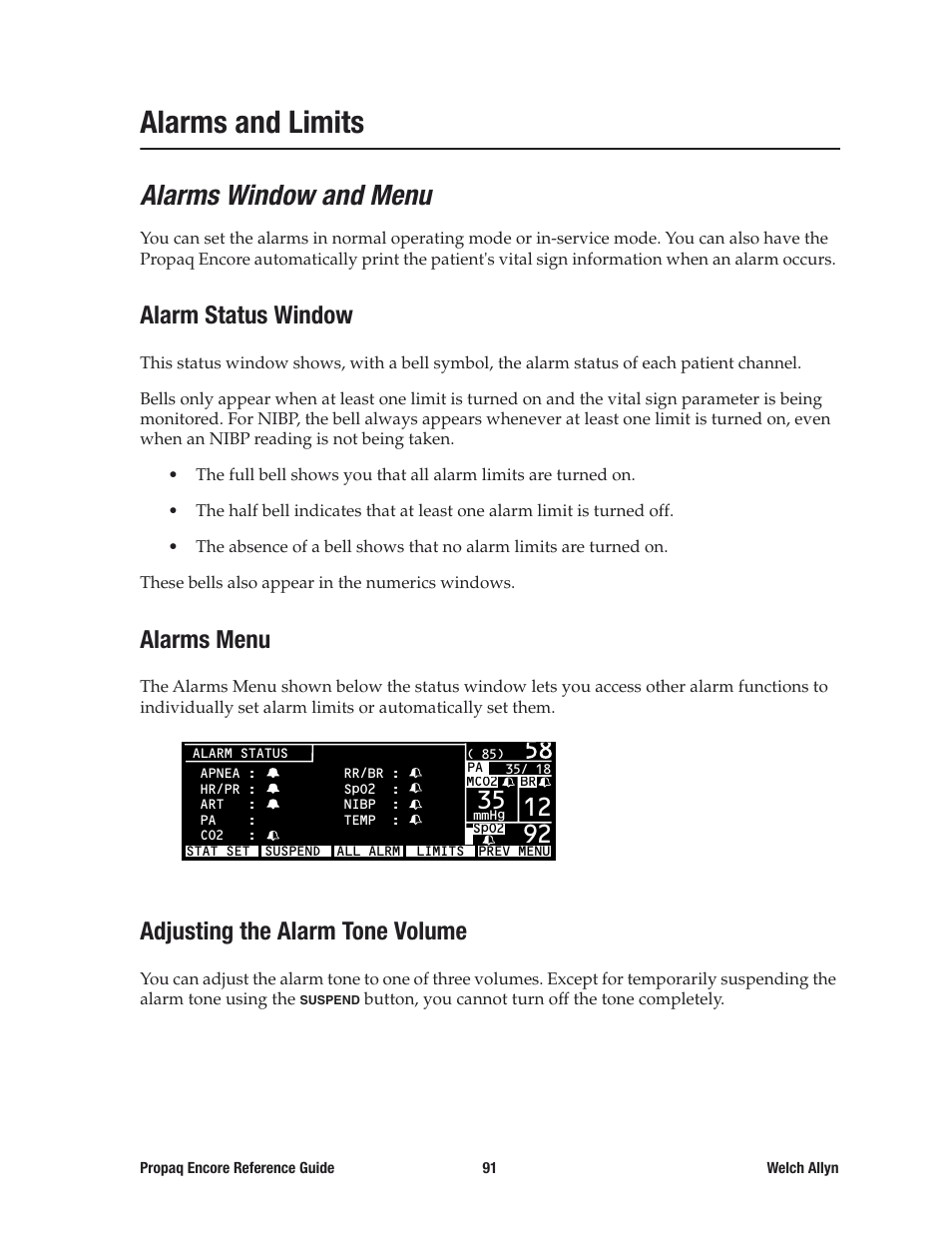 Alarms and limits, Alarms window and menu, Alarm status window | Alarms menu, Adjusting the alarm tone volume | Welch Allyn 20хEL Propaq Encore Vital Signs Monitor - Reference Guide User Manual | Page 91 / 178
