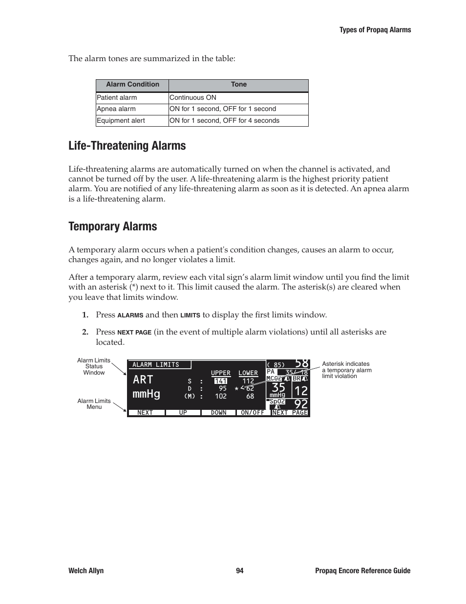 Life-threatening alarms, Temporary alarms, Life-threatening alarms temporary alarms | Art mmhg | Welch Allyn 20хEL Propaq Encore Vital Signs Monitor - Reference Guide User Manual | Page 94 / 178