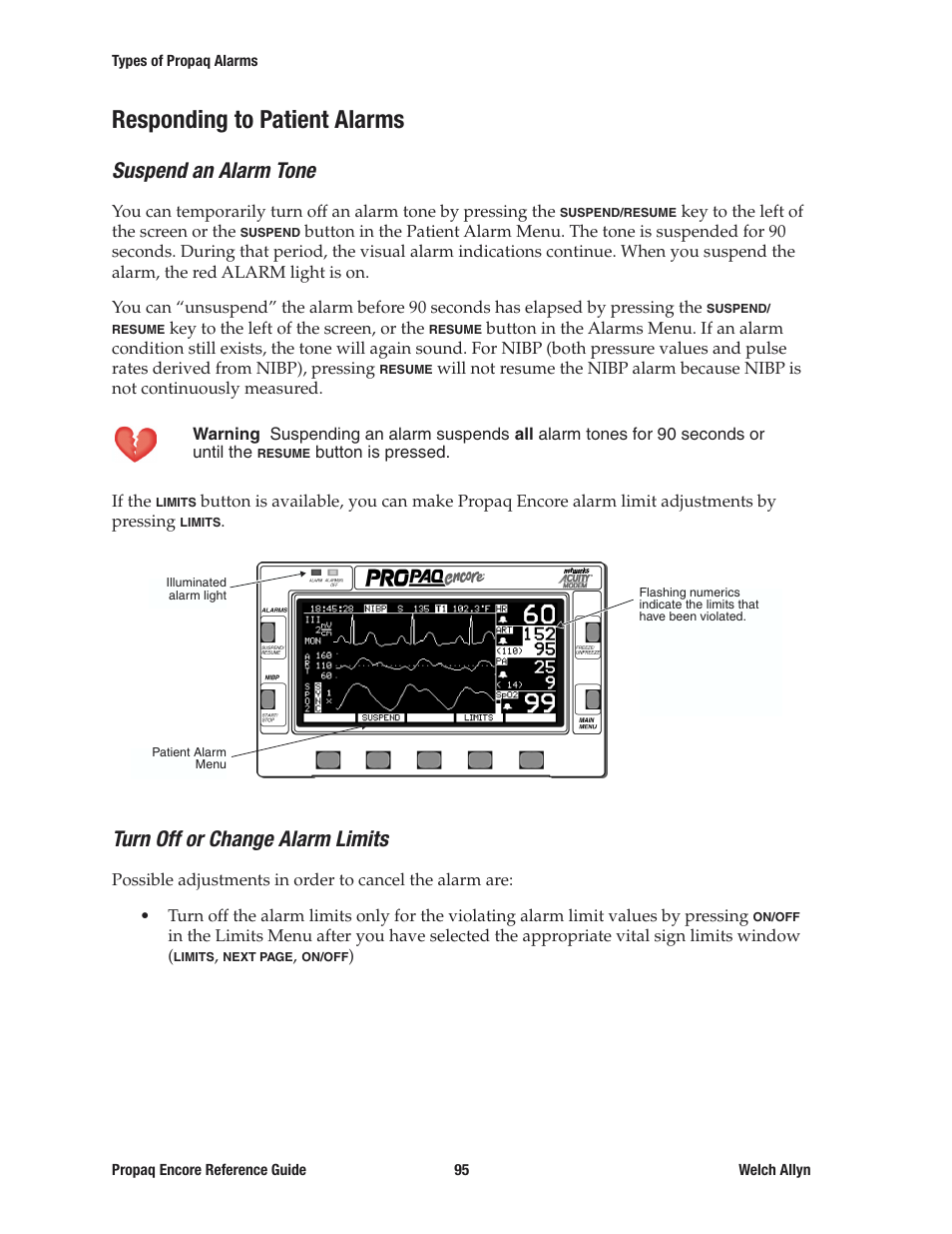 Responding to patient alarms, Suspend an alarm tone, Turn off or change alarm limits | Welch Allyn 20хEL Propaq Encore Vital Signs Monitor - Reference Guide User Manual | Page 95 / 178