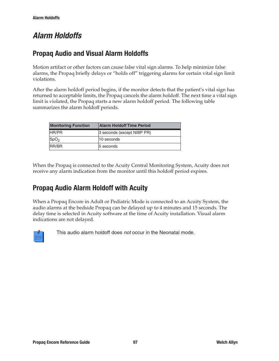 Alarm holdoffs, Propaq audio and visual alarm holdoffs, Propaq audio alarm holdoff with acuity | Welch Allyn 20хEL Propaq Encore Vital Signs Monitor - Reference Guide User Manual | Page 97 / 178